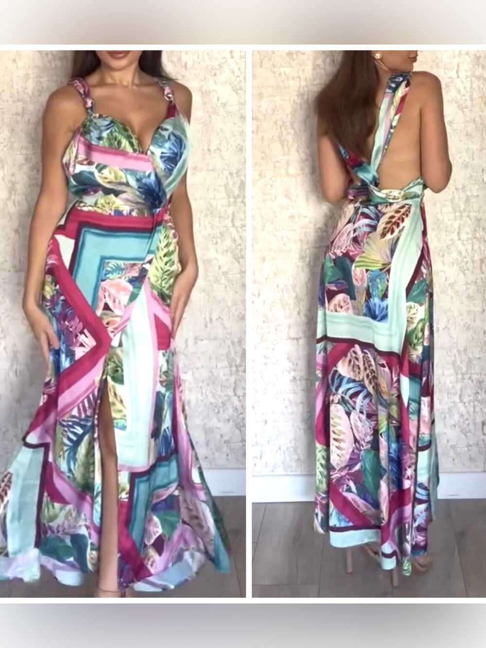 ZARA Satin Midi Dress XS Multicolored Tropical Hawaiian Vacation Midi Vneck NEW